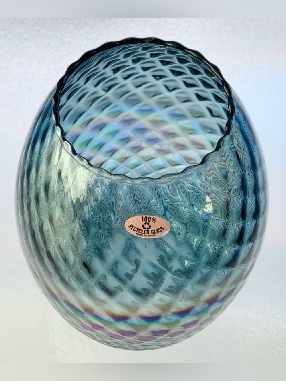 Spanish Iridescent Embossed Diamond Pattern Recycled Glass Large Table Vase - Picture 5 of 9